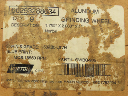 Norton GWBG-905 Alundum Grinding Wheel 1.75"x 2"W x 1"Arbor 53A80-L8VH  Lot of 9