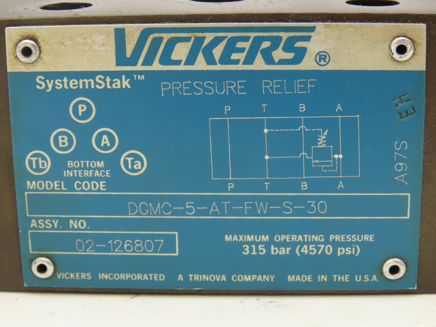 Vickers DGMC-5-AT-FW-S-30 SystemStak Hydraulic Pressure Relief Valve 4570 PSI