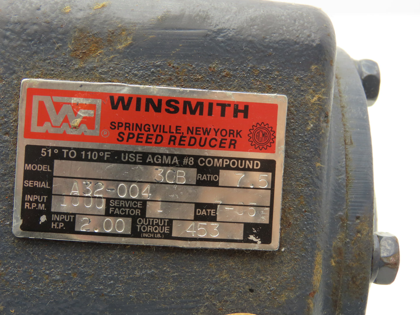 Winsmith 3CB Speed Reducer 7.5:1 Ratio Worm Gearbox 2Hp 240rpm 7/8" LH Output