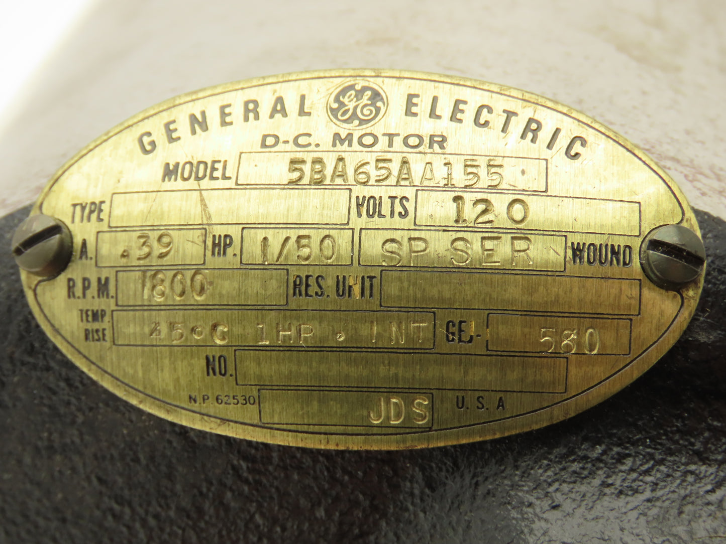 GE General Electric 5BA65AA155 DC Motor 1/50Hp 1800 RPM 120V 3/8"Shaft