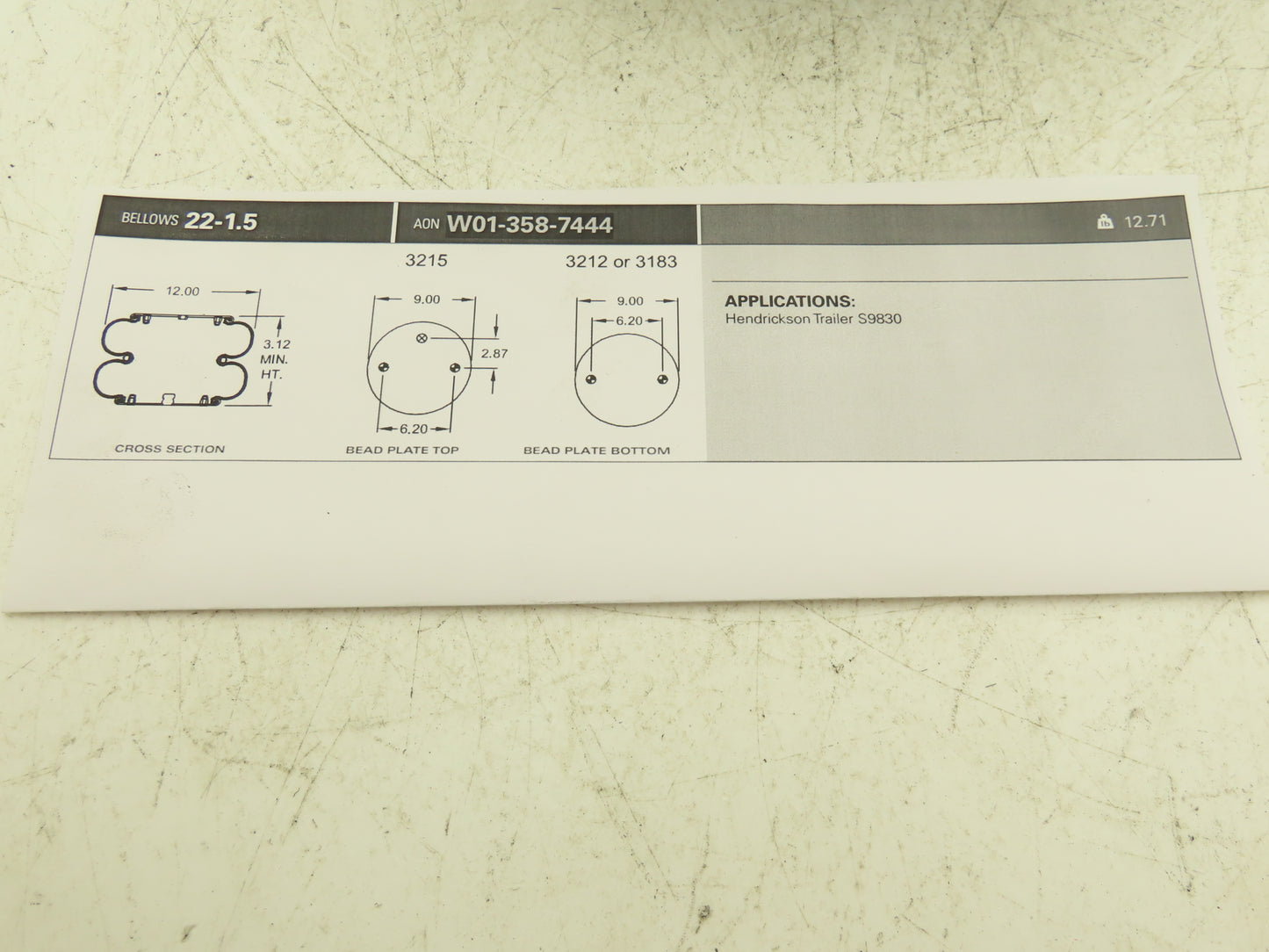 Firestone W01-358-7444 Airide Air Spring Air Bag 12" OD 9" Plate 22D 1.5