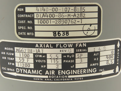 Dynamic Air M6671H-1A1 Vane Axial Fan 1100 CFM 115V 3PH 400Hz 8.5"OD 3-Blade