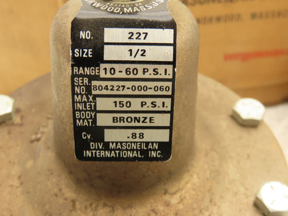 Masoneilan 227 Bronze Regulator Pressure Reducing Valve 150 PSI Max 1/2" NPT