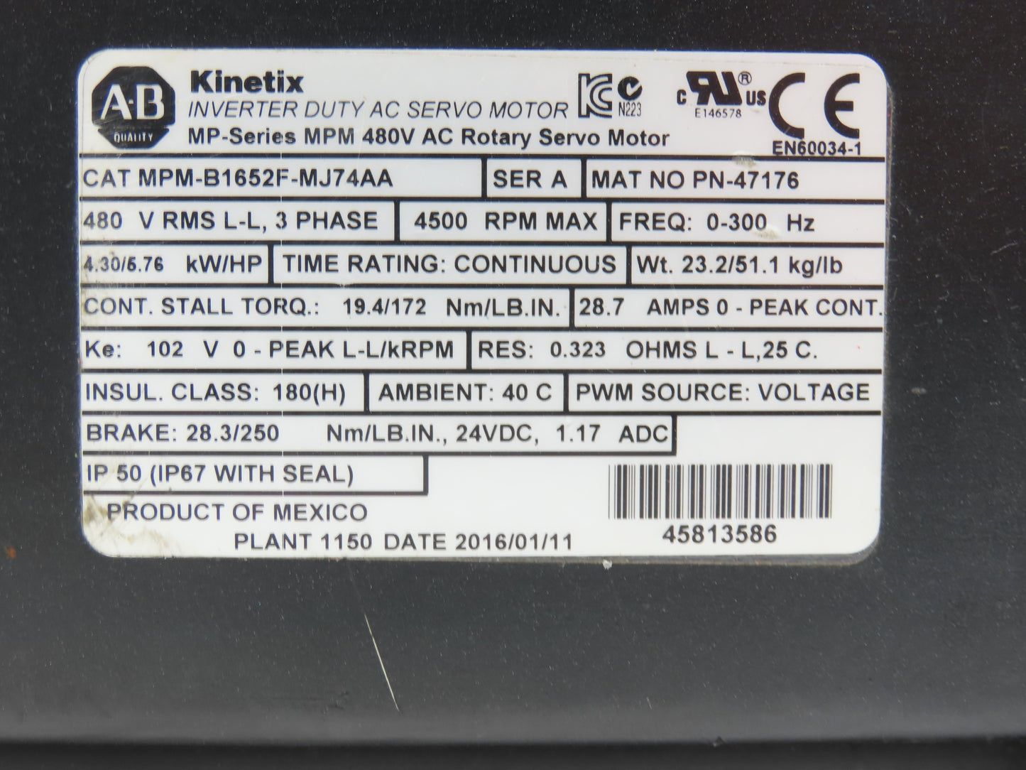 Allen Bradley MPM-B1652F-MJ74AA AC Servo Motor 4500 RPM 480V 3PH