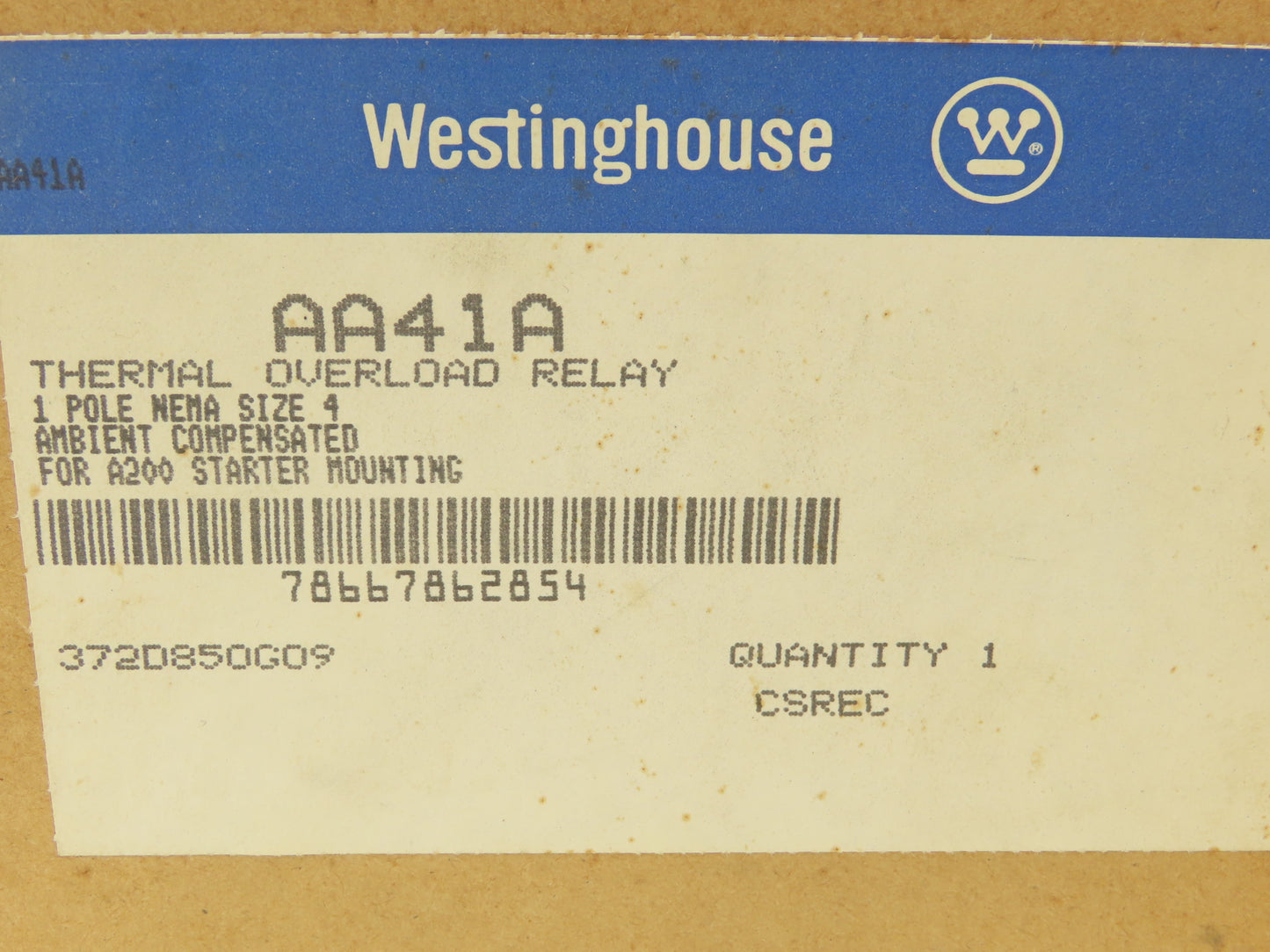 Westinghouse AA41A Thermal Overload Relay 1 Pole 600 VAC A200 Starter Mounting
