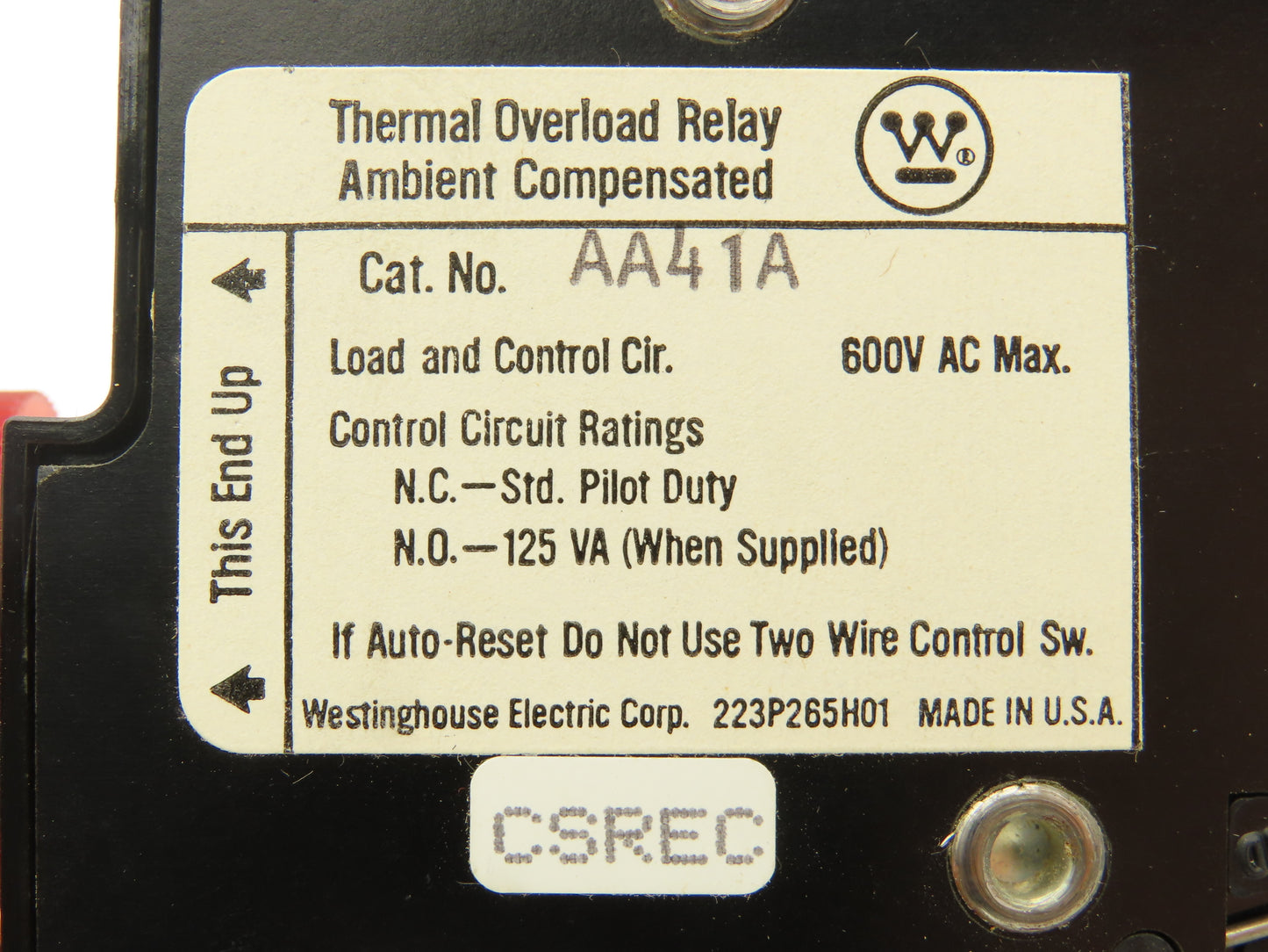 Westinghouse AA41A Thermal Overload Relay 1 Pole 600 VAC A200 Starter Mounting