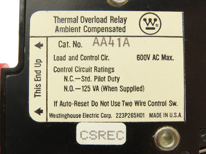 Westinghouse AA41A Thermal Overload Relay 1 Pole 600 VAC A200 Starter Mounting