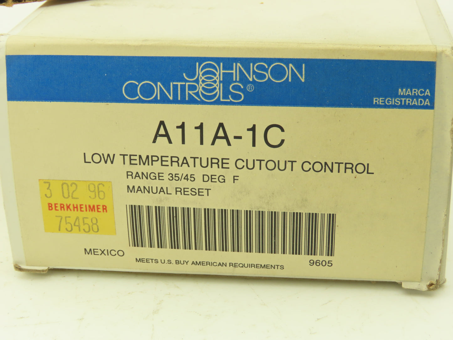 Johnson Controls A11A-1C Low Temperature Cutout Control 35/45 Deg Manuel Reset