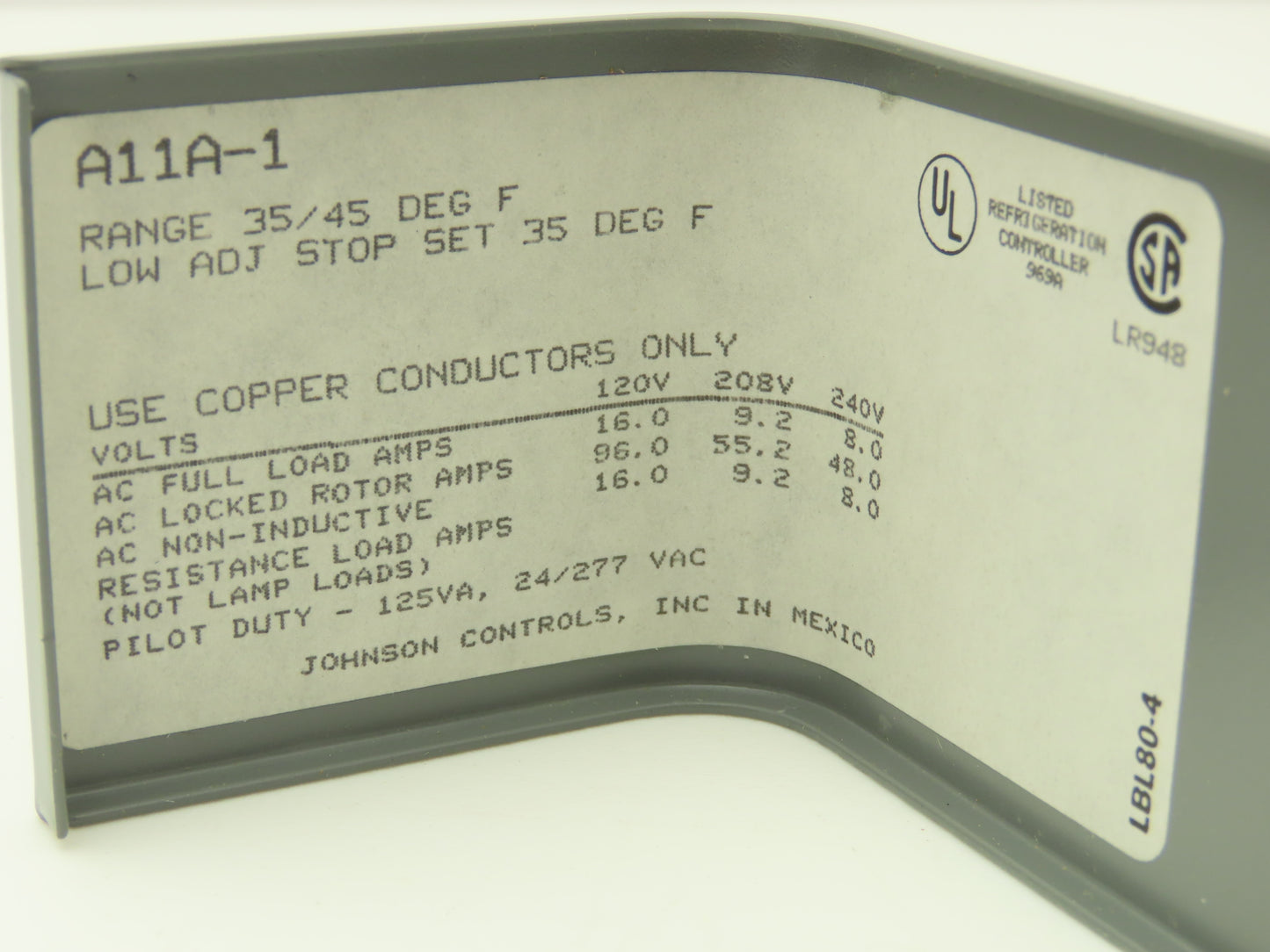 Johnson Controls A11A-1C Low Temperature Cutout Control 35/45 Deg Manuel Reset
