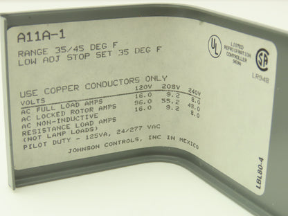 Johnson Controls A11A-1C Low Temperature Cutout Control 35/45 Deg Manuel Reset