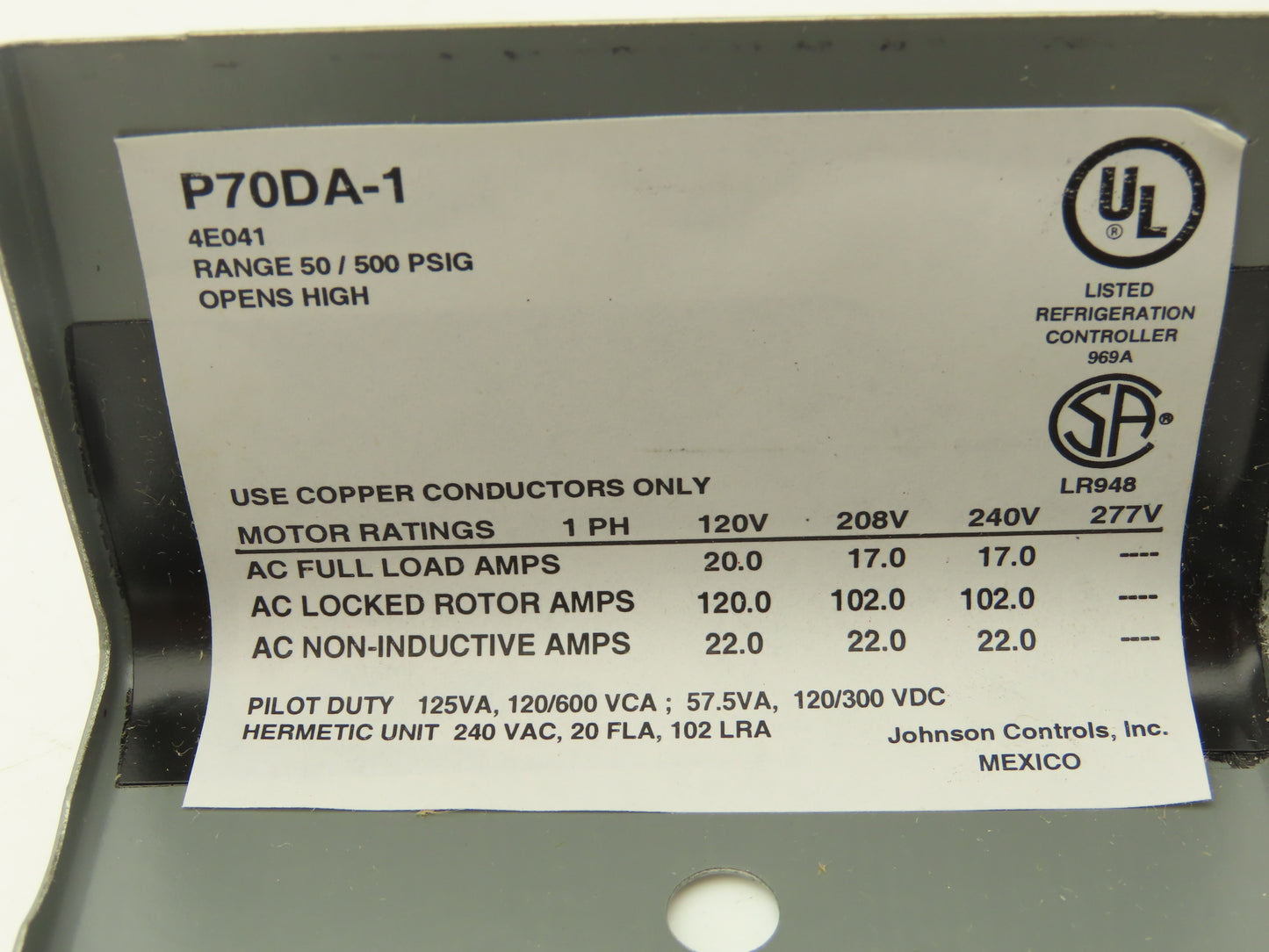 Johnson Controls 4E041 High Pressure Lockout Control 50-500 PSIG 36" Capillary