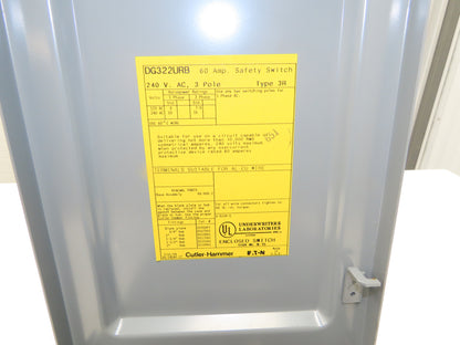 Cutler Hammer DG322URB Safety Disconnect Switch 60A 240V 3 Pole Non Fused 3R