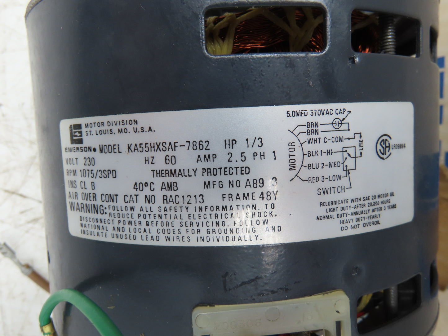 Emerson RAC 1213 AC Motor 1/3 HP 1075RPM 230V 60Hz Double Shaft