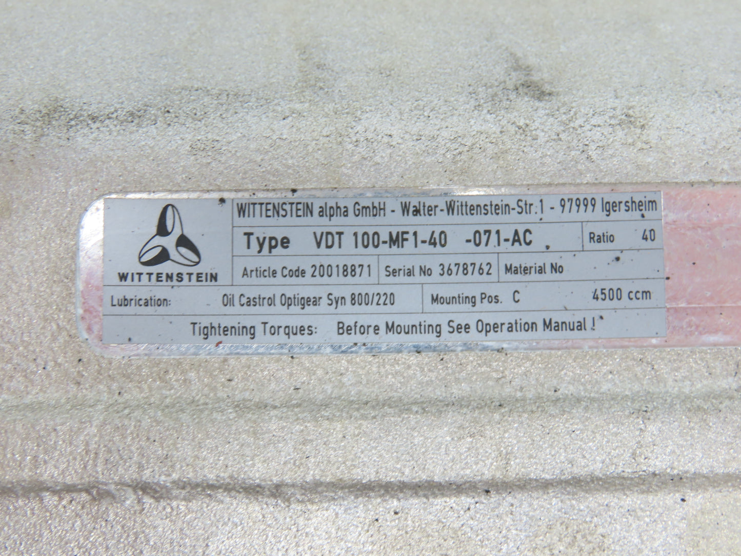 Alpha Wittenstein VDT 100-MF1-40-071-AC Servo Gearbox 40:1 Ratio Hollow Shaft