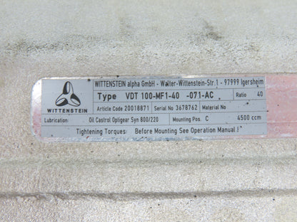 Alpha Wittenstein VDT 100-MF1-40-071-AC Servo Gearbox 40:1 Ratio Hollow Shaft