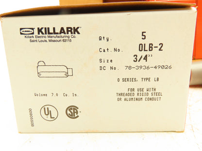 Killark OLB-2 Conduit Body 0 Series LB Size 3/4" Aluminum  Lot of 25