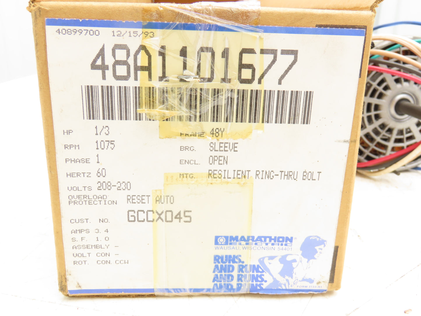 Marathon ZWN48A1101677A AC Fan Motor 1/3 HP 1075RPM 230V 1Ph 60Hz Double End