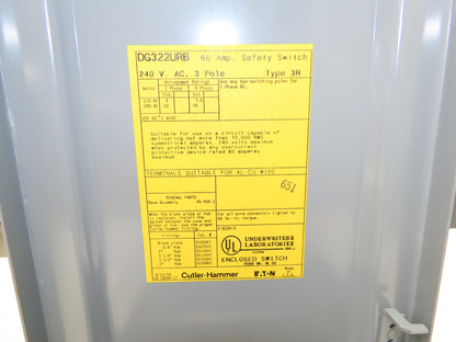 Cutler Hammer DG322URB Safety Disconnect Switch 60A 240V 3 Pole Non Fused 3R