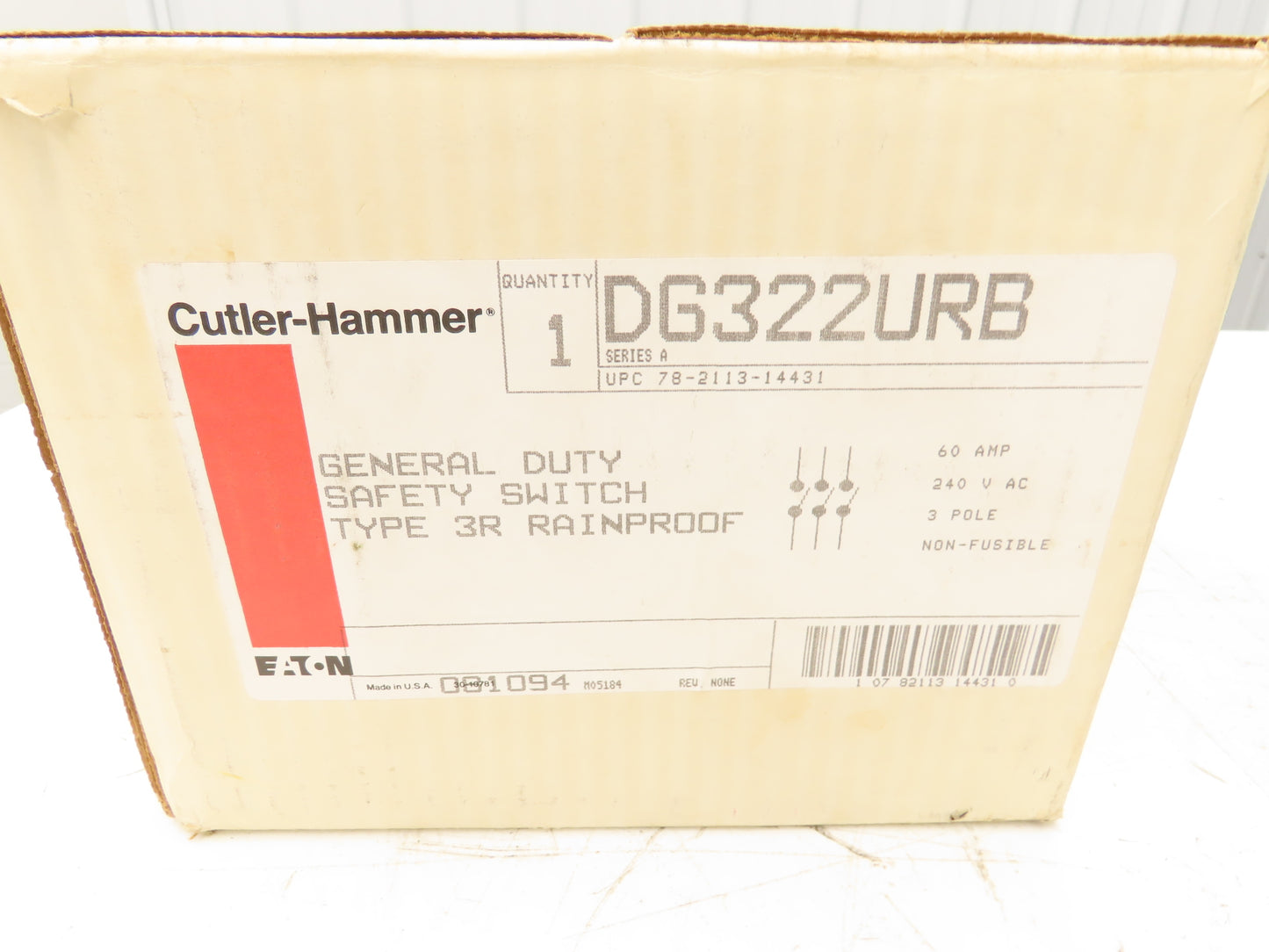 Cutler Hammer DG322URB Safety Disconnect Switch 60A 240V 3 Pole Non Fused 3R