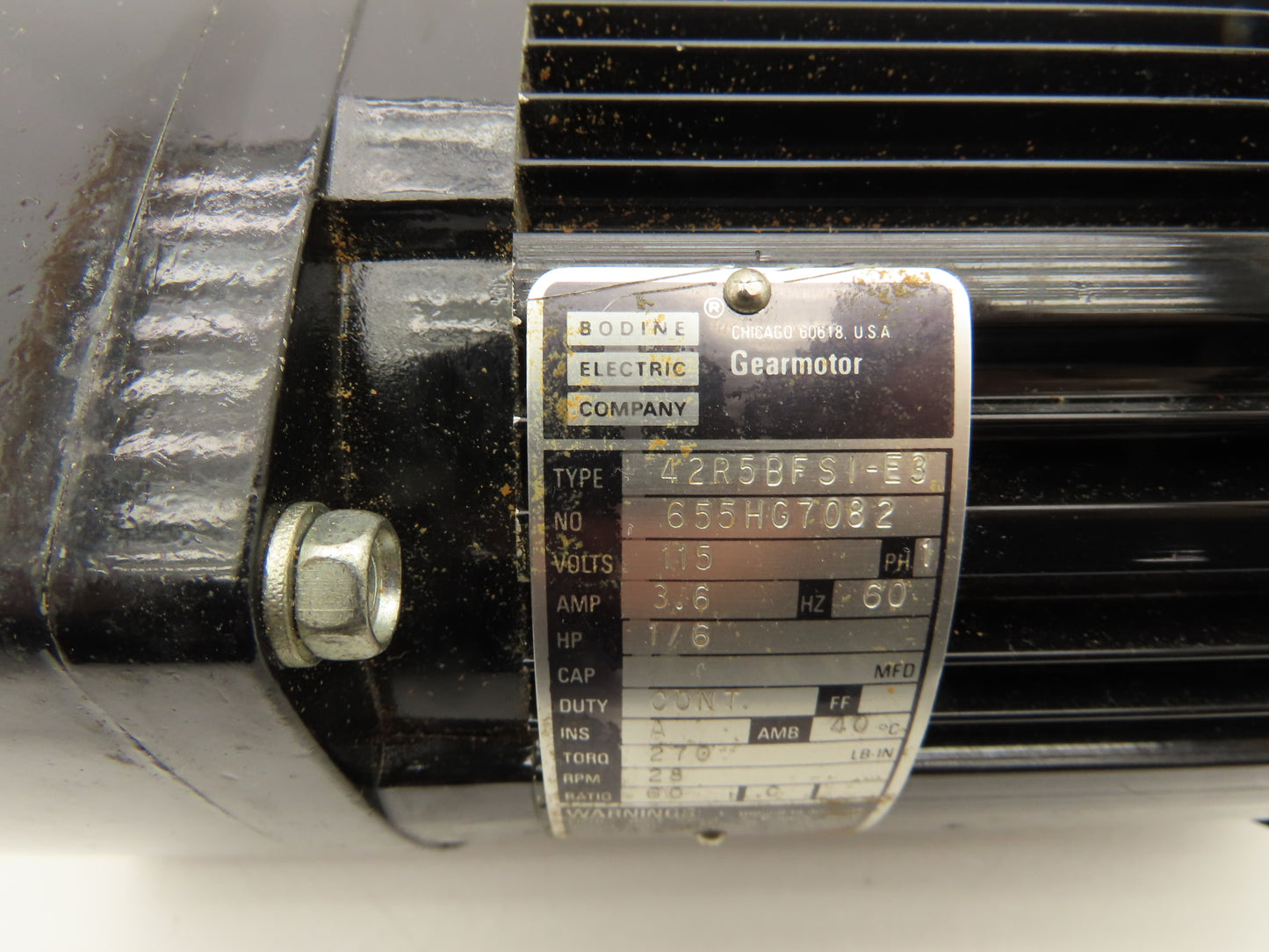 Bodine 42R5BFS1-E3 Gearmotor 60:1 Ratio 1/6Hp 28 RPM 115V 60Hz Parallel Shaft