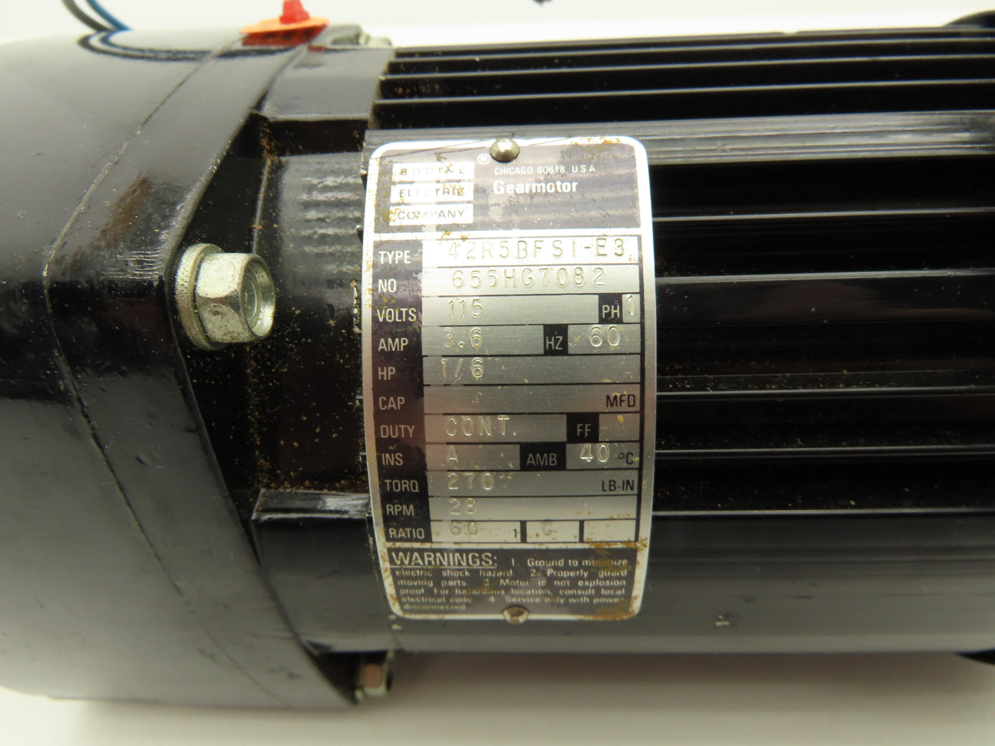 Bodine 42R5BFS1-E3 Gearmotor 60:1 Ratio 1/6Hp 28 RPM 115V 60Hz Parallel Shaft