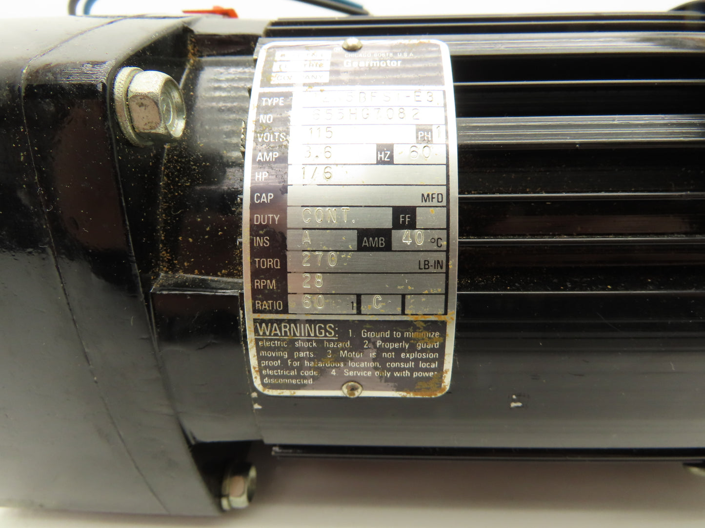 Bodine 42R5BFS1-E3 Gearmotor 60:1 Ratio 1/6Hp 28 RPM 115V 60Hz Parallel Shaft