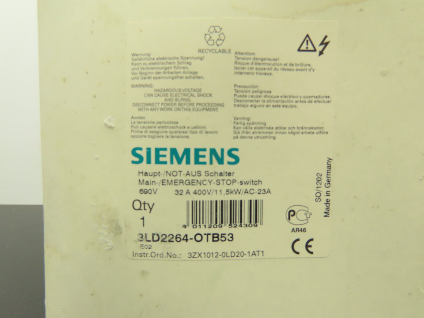 Siemens 3LD2164-OTB53 Disconnector Switch Main Emergency Stop 400VAC 25A 9.5kW