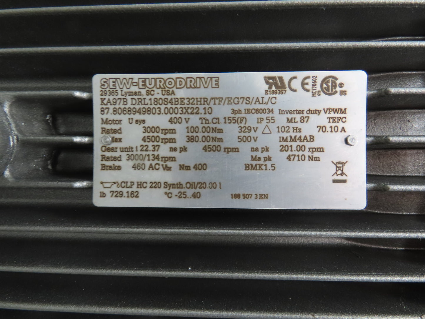 Sew Eurodrive KA97B DRL180S4BE32HR/TF/EG7S/AL/C Gearmotor 134-200RPM 329-500VAC