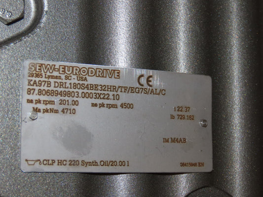 Sew Eurodrive KA97B DRL180S4BE32HR/TF/EG7S/AL/C Gearmotor 134-200RPM 329-500VAC