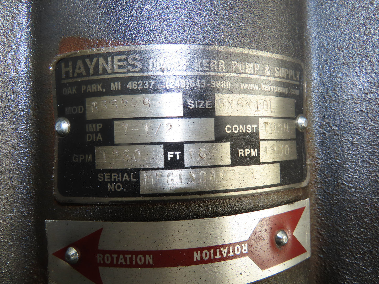 Haynes 6552-9 Vertical Centrifugal Pump 6x6" Flanged 1260gpm 10Hp Motor 230/460V