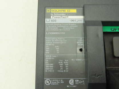 Schneider LJA36400U31X Square D Powerpact 400A Circuit Breaker 600V I-Line