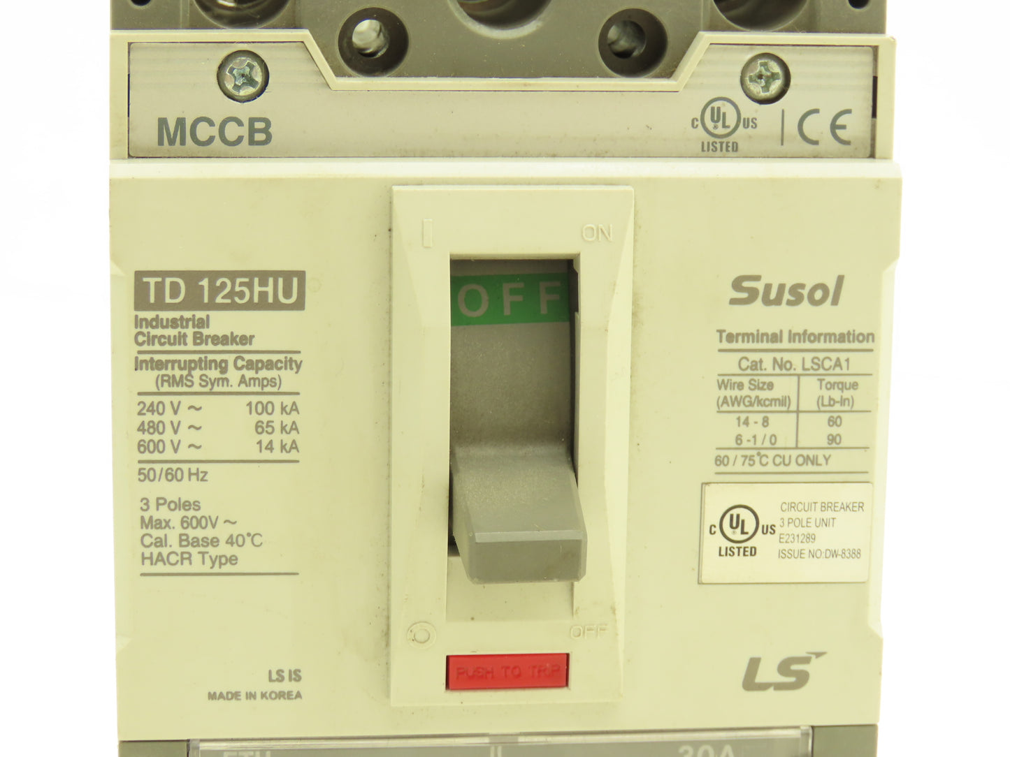 LS Susol TD 125HU-FTU 30A Circuit Breaker MCCB 3 Pole FTU 30A 600V