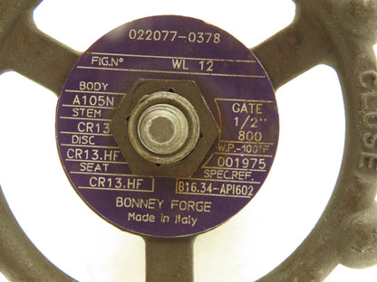 Bonney Forge WL-12-T Gate Valve 1/2"x1/2" Weld Socket-NPT Forged Steel