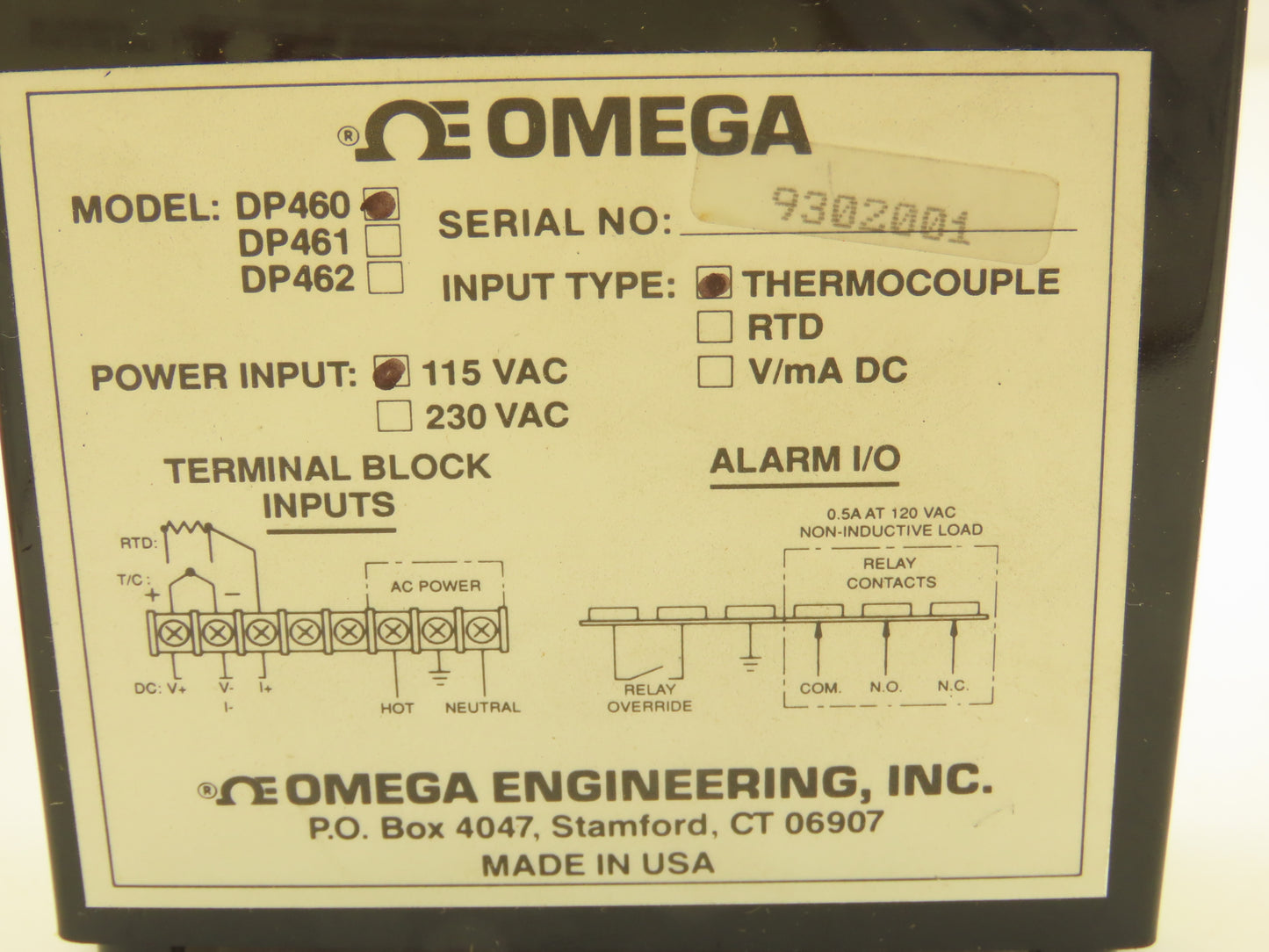Omega DP460T Digital Panel Thermocouple Meter Display Unit 115VAC