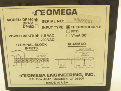 Omega DP460T Digital Panel Thermocouple Meter Display Unit 115VAC
