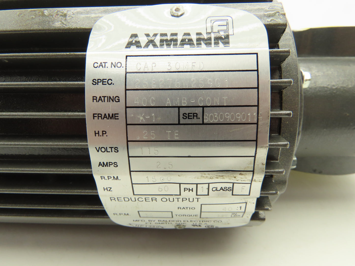 Baldor Axmann CAP 30MFD 40:1 Gearmotor 38rpm .25Hp 115V 1PH 20mm Hollow Shaft
