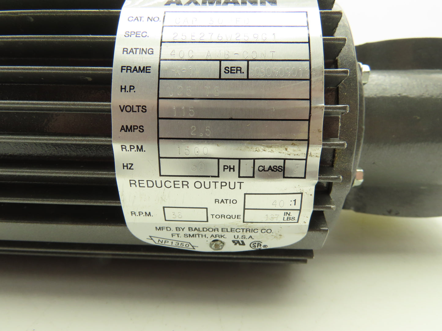 Baldor Axmann CAP 30MFD 40:1 Gearmotor 38rpm .25Hp 115V 1PH 20mm Hollow Shaft