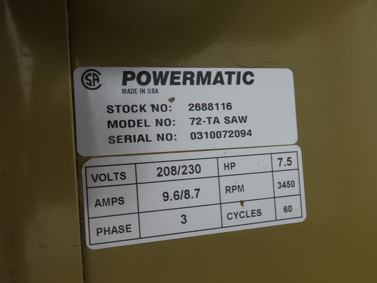 Powermatic 72-TA Table Saw 14" Tilting Arbor 7.5Hp 240/480V 3Ph 52" Fence