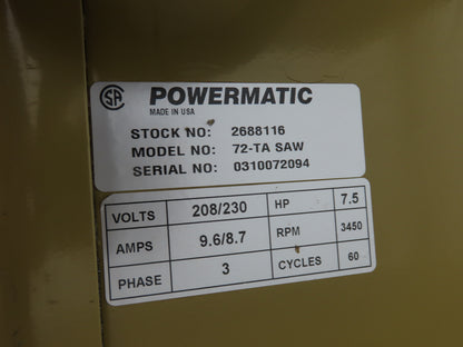 Powermatic 72-TA Table Saw 14" Tilting Arbor 7.5Hp 240/480V 3Ph 52" Fence