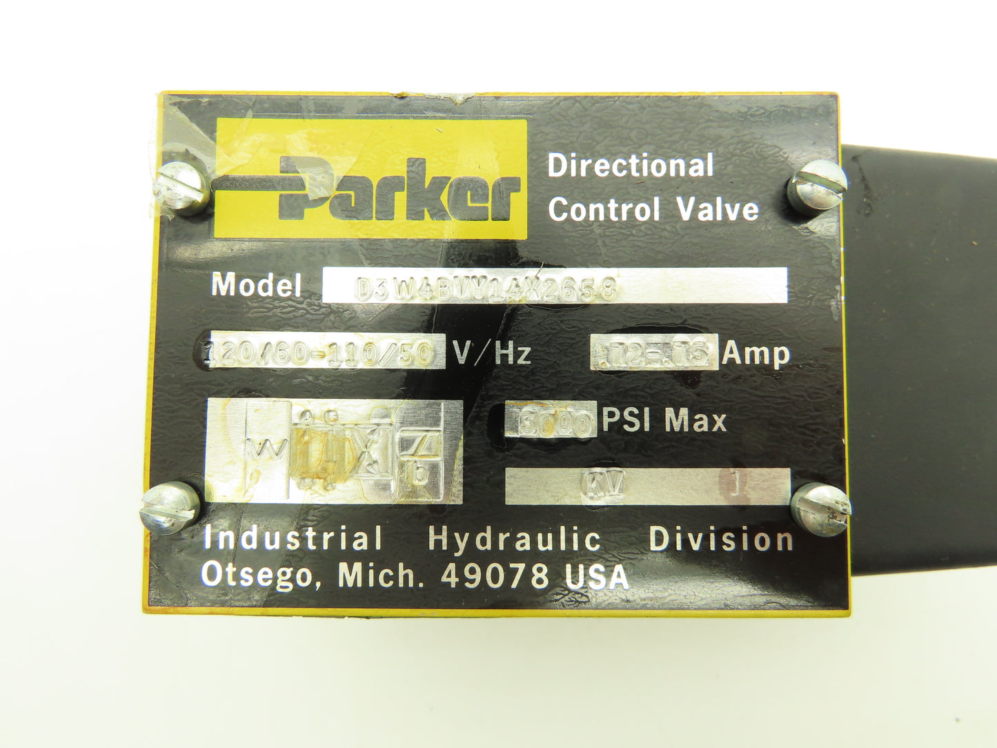 Parker D3W4BVY14X2658 Directional Control Solenoid Valve 120V 3000psi