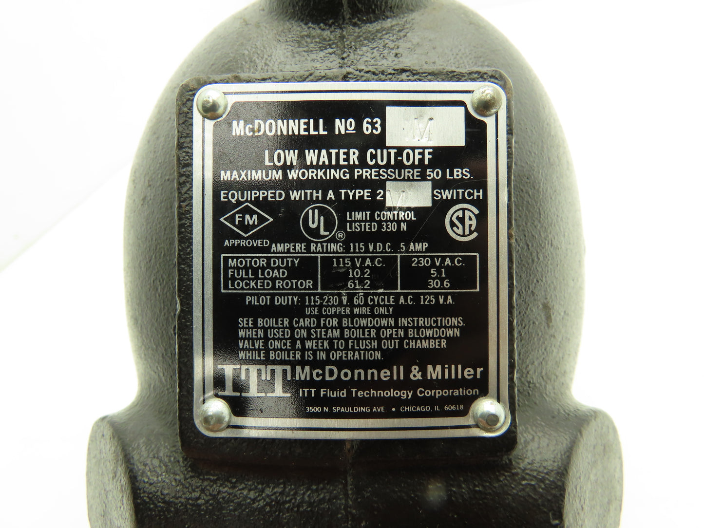 ITT McDonnell & Miller 63M Low Water Cut-Off Float Switch Valve 1"NPT 115/230V