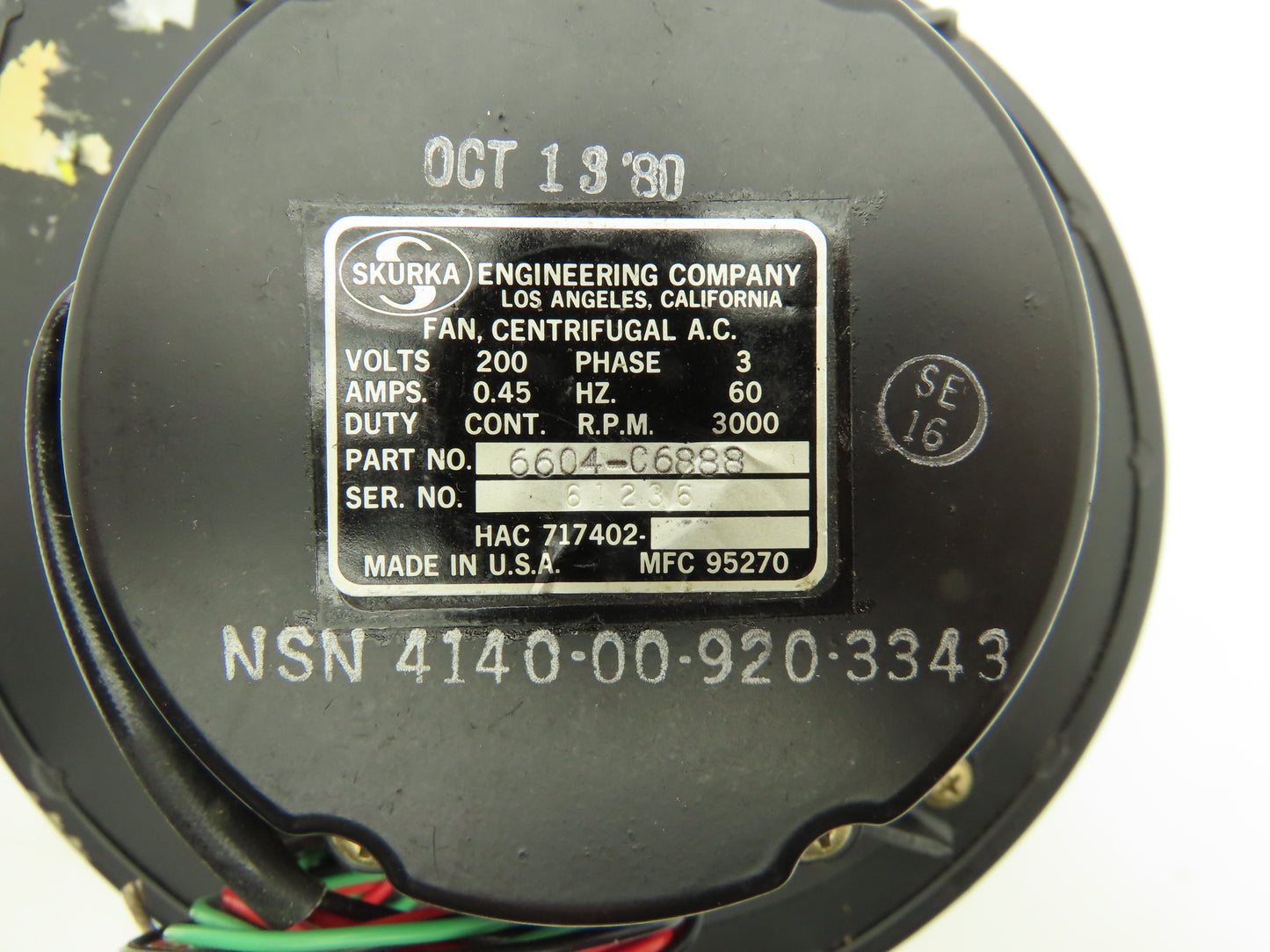 Skurka Aerospace 6604-C6888 Centrifugal Blower Fan 200V 3PH 3000 RPM