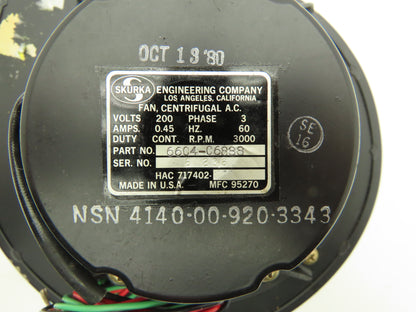 Skurka Aerospace 6604-C6888 Centrifugal Blower Fan 200V 3PH 3000 RPM