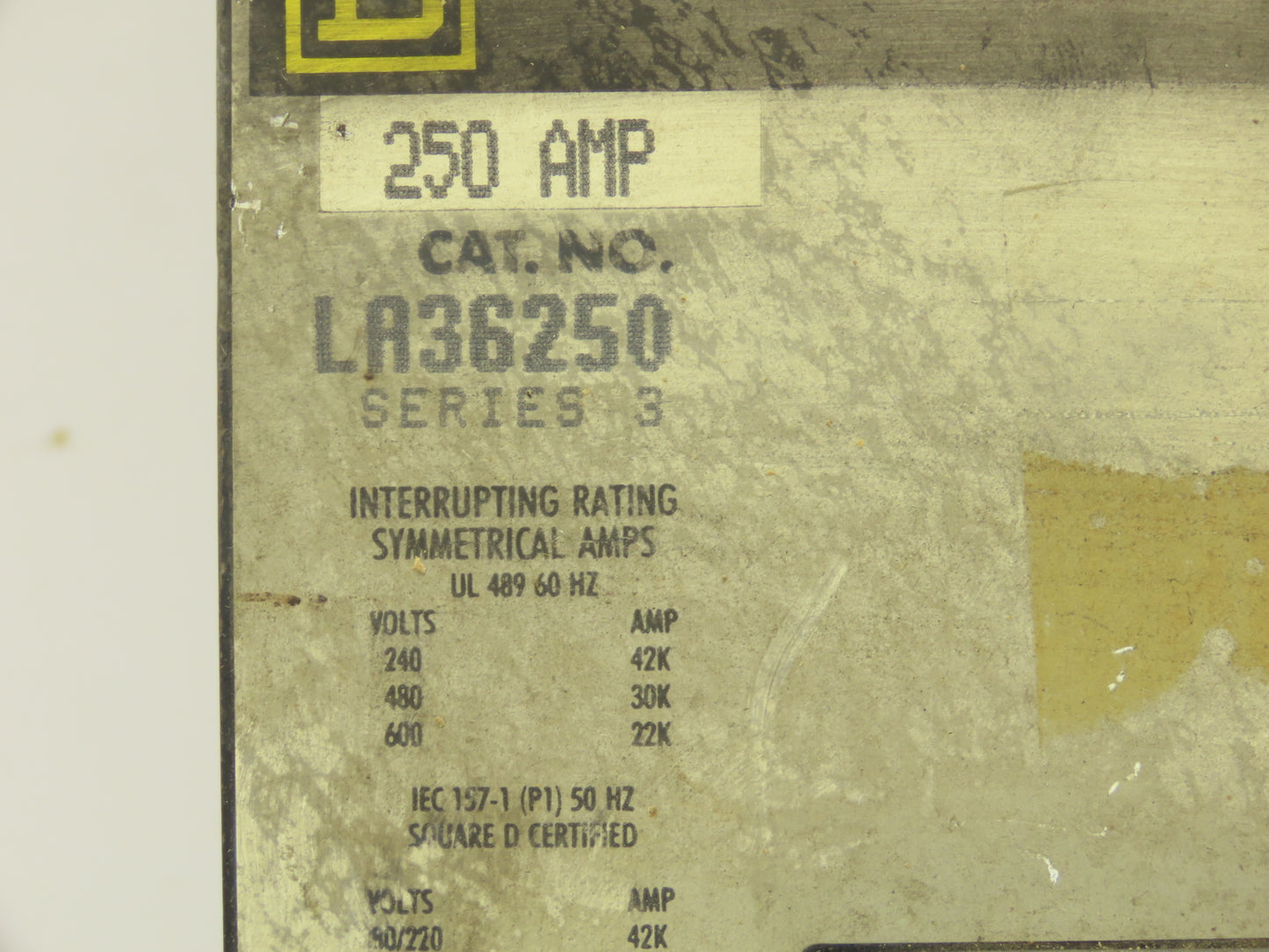 Square D LA36250 I-Line Circuit Breaker 250A 600V 3 Pole Series 3 Gray Face