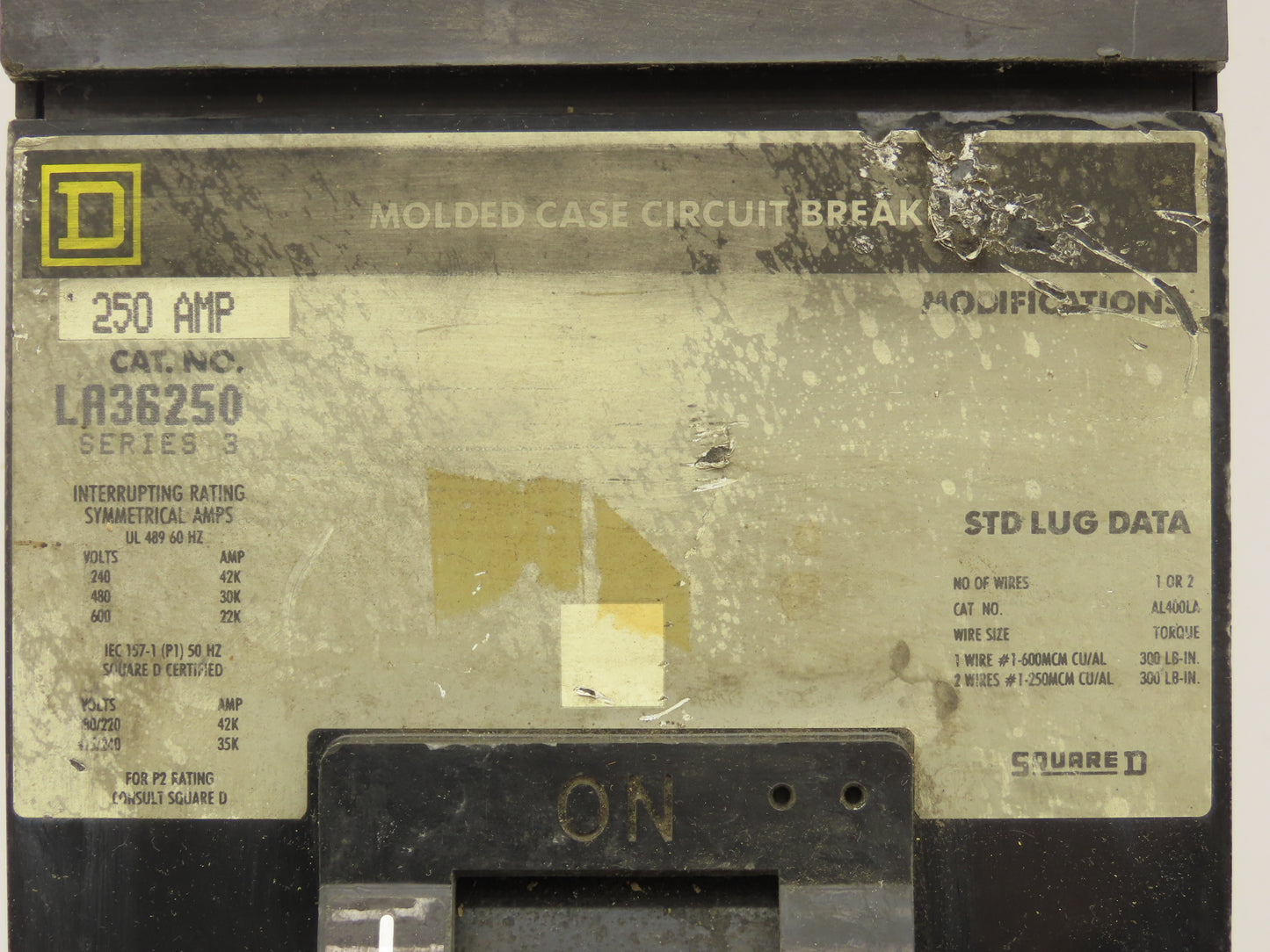 Square D LA36250 I-Line Circuit Breaker 250A 600V 3 Pole Series 3 Gray Face