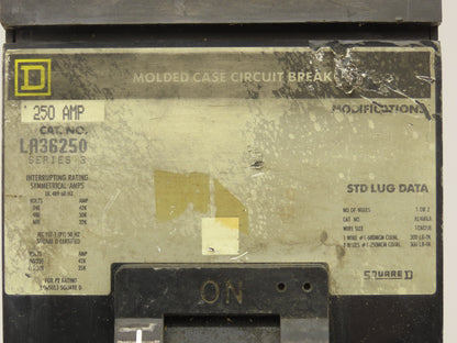 Square D LA36250 I-Line Circuit Breaker 250A 600V 3 Pole Series 3 Gray Face