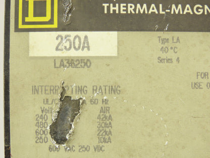 Square D LA36250 I-Line Circuit Breaker 250A 600V 3 Pole Series 4 Gray Face