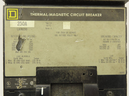 Square D LA36250 I-Line Circuit Breaker 250A 600V 3 Pole Series 4 Gray Face