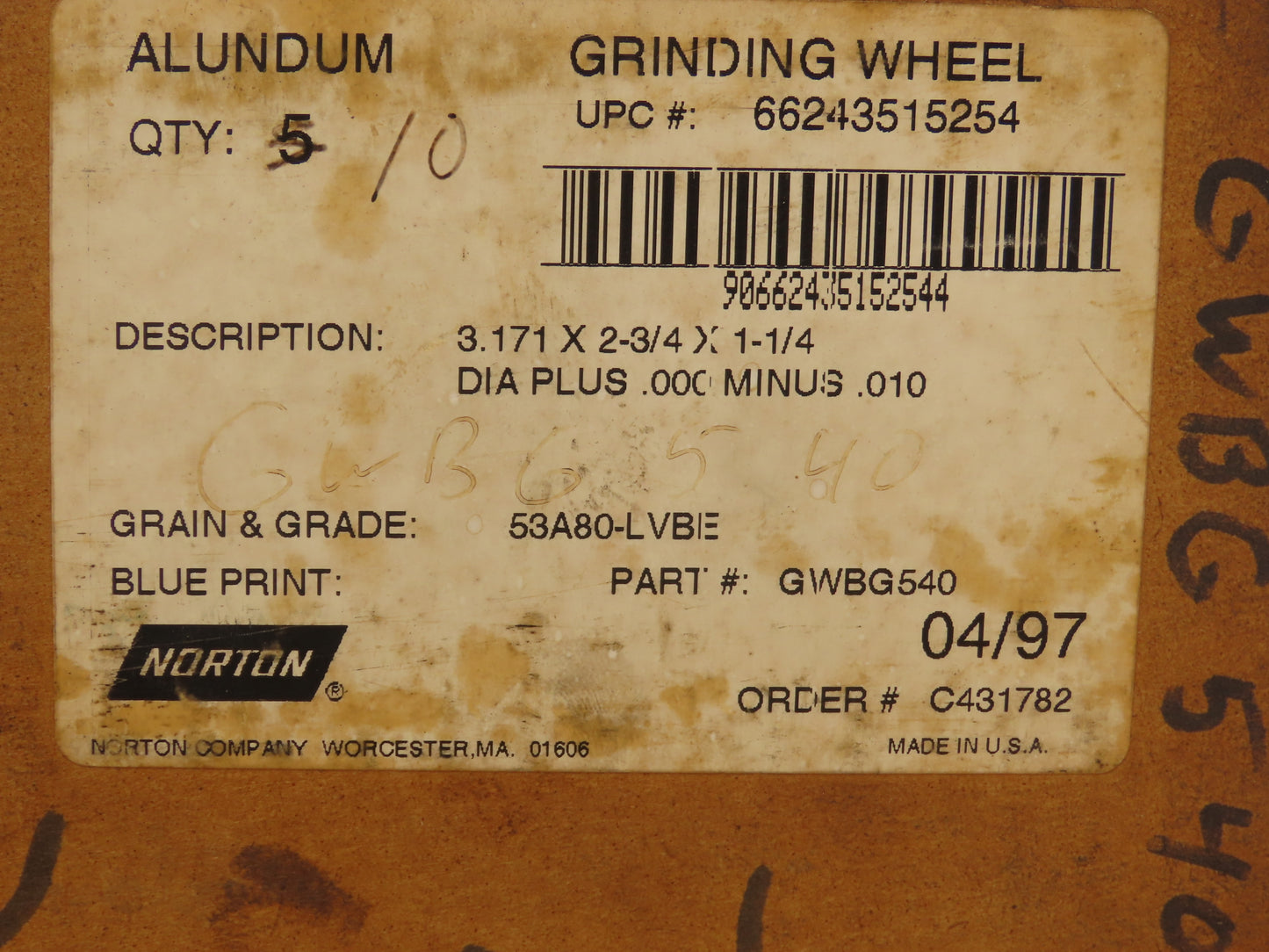 Norton GWBG540 Grinding Wheel Alundum 3.171" X 2-3/4" X 1-1/4" Lot of 10