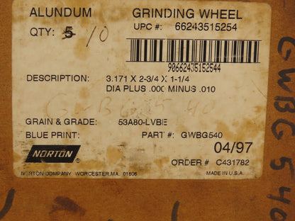 Norton GWBG540 Grinding Wheel Alundum 3.171" X 2-3/4" X 1-1/4" Lot of 10